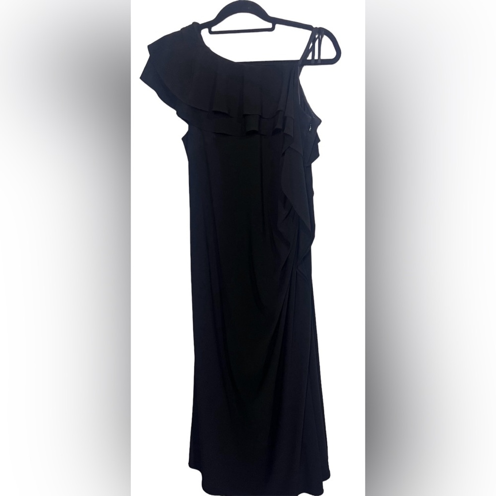 Adrianna Papell Black One-Shoulder Ruffle Midi Dress